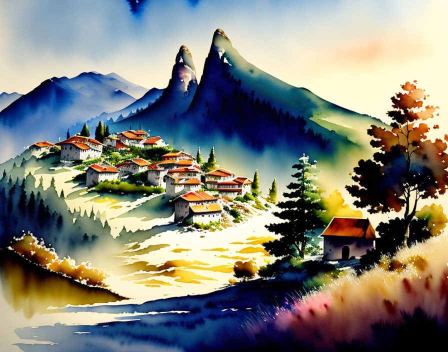 Colorful Watercolor Painting of Quaint Mountain Village
