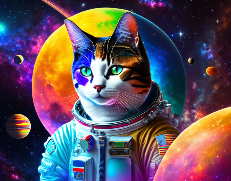 Colorful Cat in Astronaut Suit Surrounded by Cosmic Scene