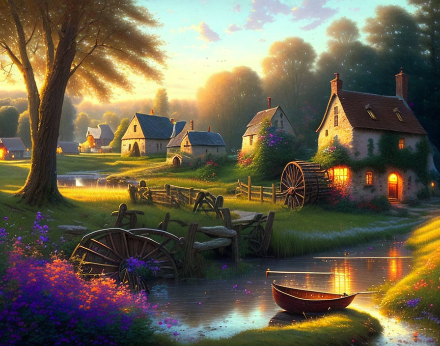 Scenic sunset village with thatched cottages, pond, flowers, cart, and boat