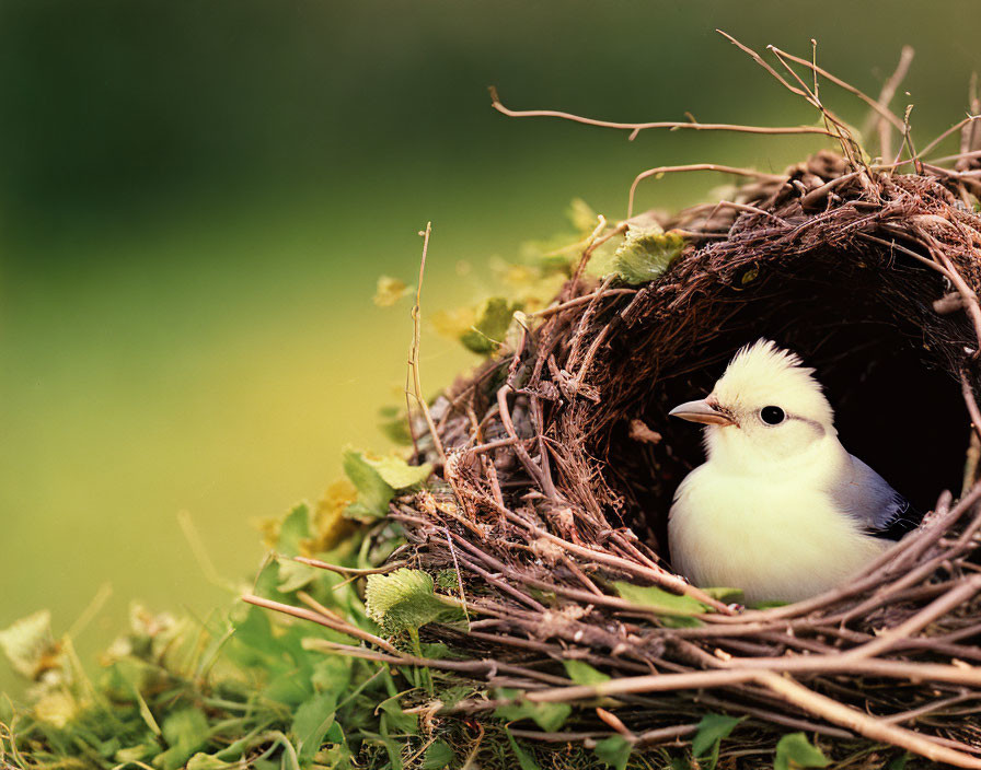 White Chick in Brown Twig Nest Surrounded by Greenery