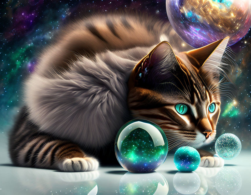 Majestic Cat with Green Eyes in Cosmic Setting and Glowing Orbs