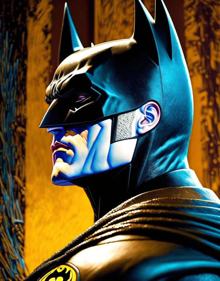 Vibrant Batman portrait with blue and purple shadow on yellow background