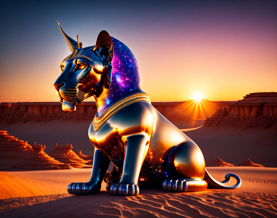 Majestic mythical cat digital art with cosmic body and pharaoh's headdress.