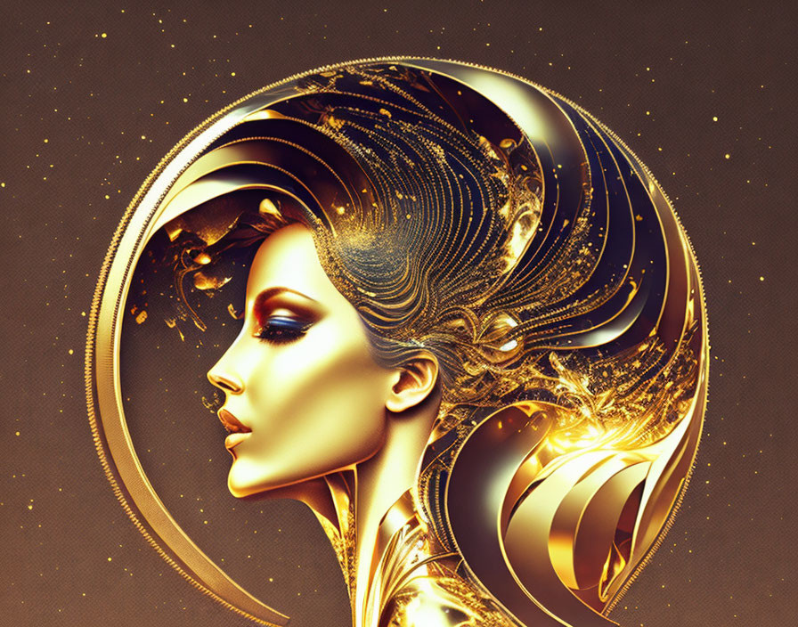 Surreal digital artwork: Woman's profile with golden embellishments & cosmic hair.