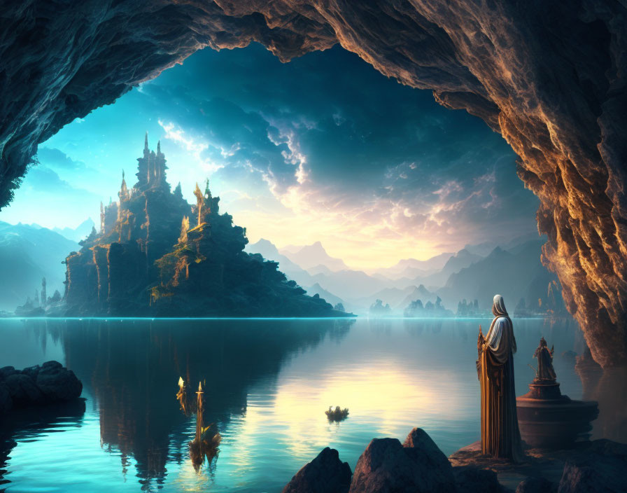 Cloaked figure at cave entrance overlooking mystical castle by serene lake