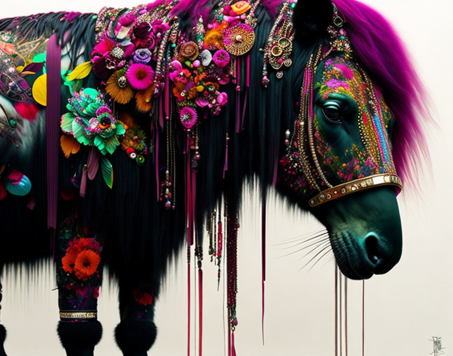 Colorful Horse Decorated with Flowers, Buttons, and Beads