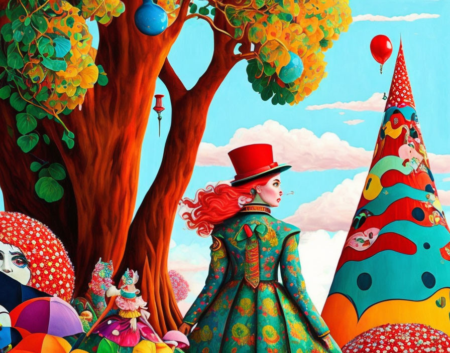 Colorful illustration of woman in dress and hat near whimsical tree, with fantastical characters.