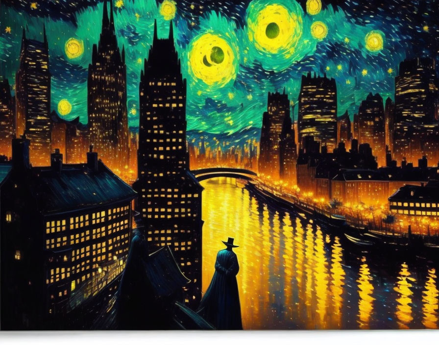 Starry night cityscape with river and silhouette of person