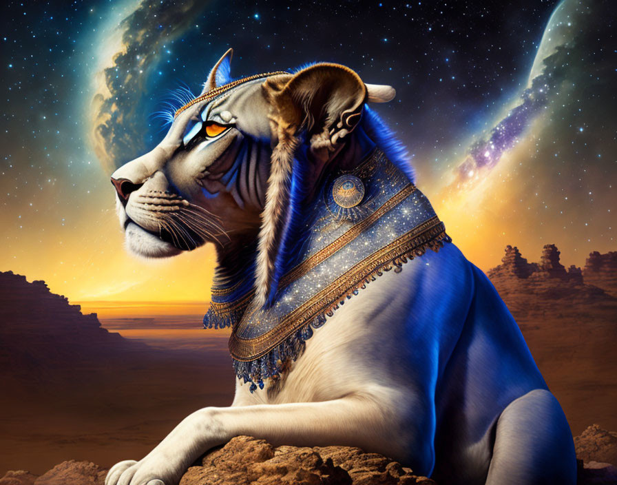 Majestic surreal lion with blue stripes and ornate headdress against cosmic sky