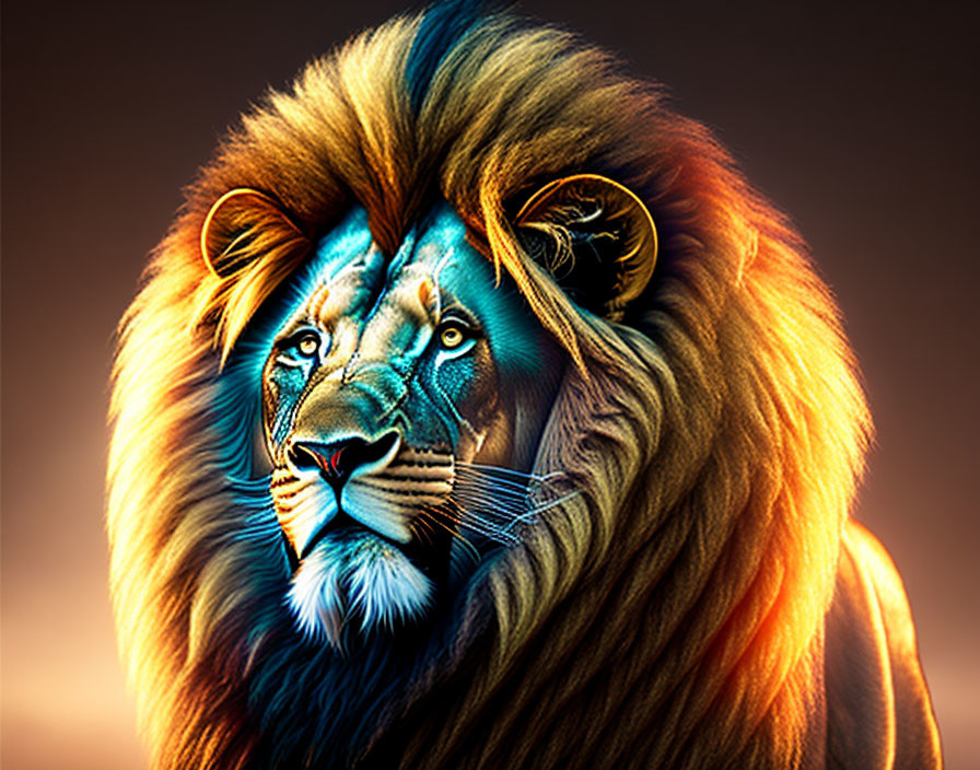 Colorful digital artwork of a lion on warm gradient background