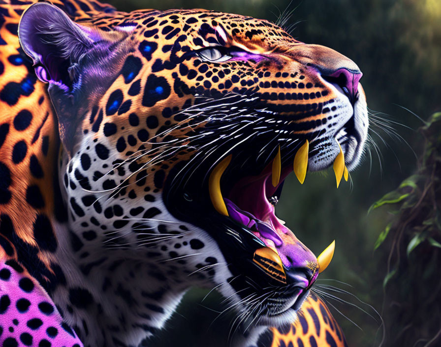 Jaguar with Open Mouth and Sharp Teeth in Dark Jungle Setting