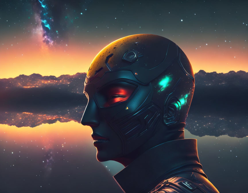 Futuristic robotic head with glowing red eyes in twilight sky