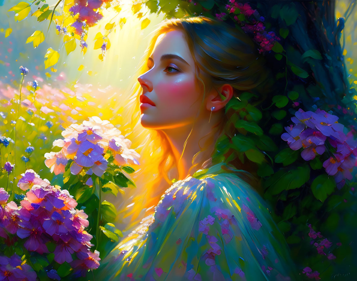 Woman portrait with vibrant flowers in soft light