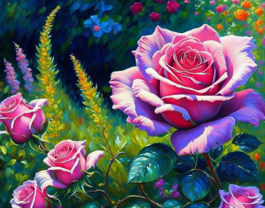 Colorful painting of a large pink rose in a lush garden