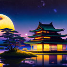 Japanese Pagoda by Reflective Lake Under Starry Sky with Full Moon