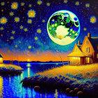 Colorful painting of starry sky over serene village by reflective water