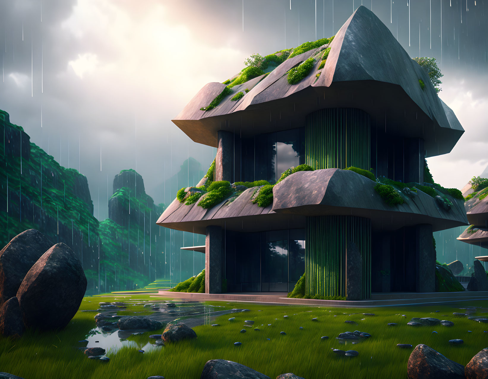 Futuristic mushroom-shaped house in rainy landscape