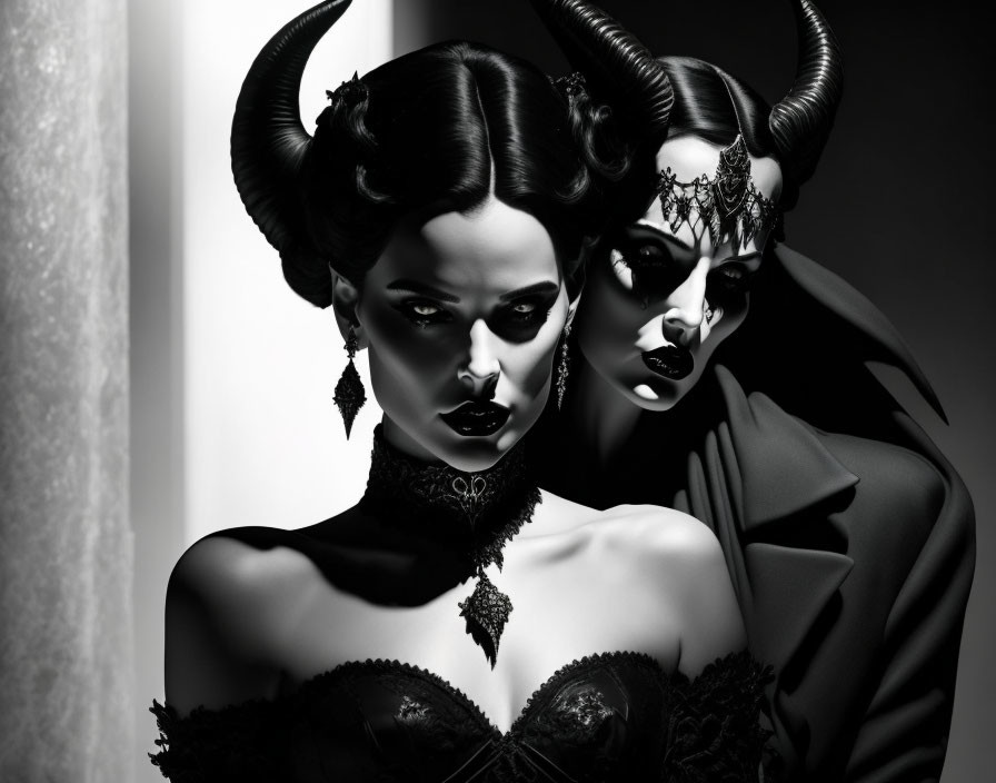 Monochrome image of two women in dramatic makeup and gothic attire