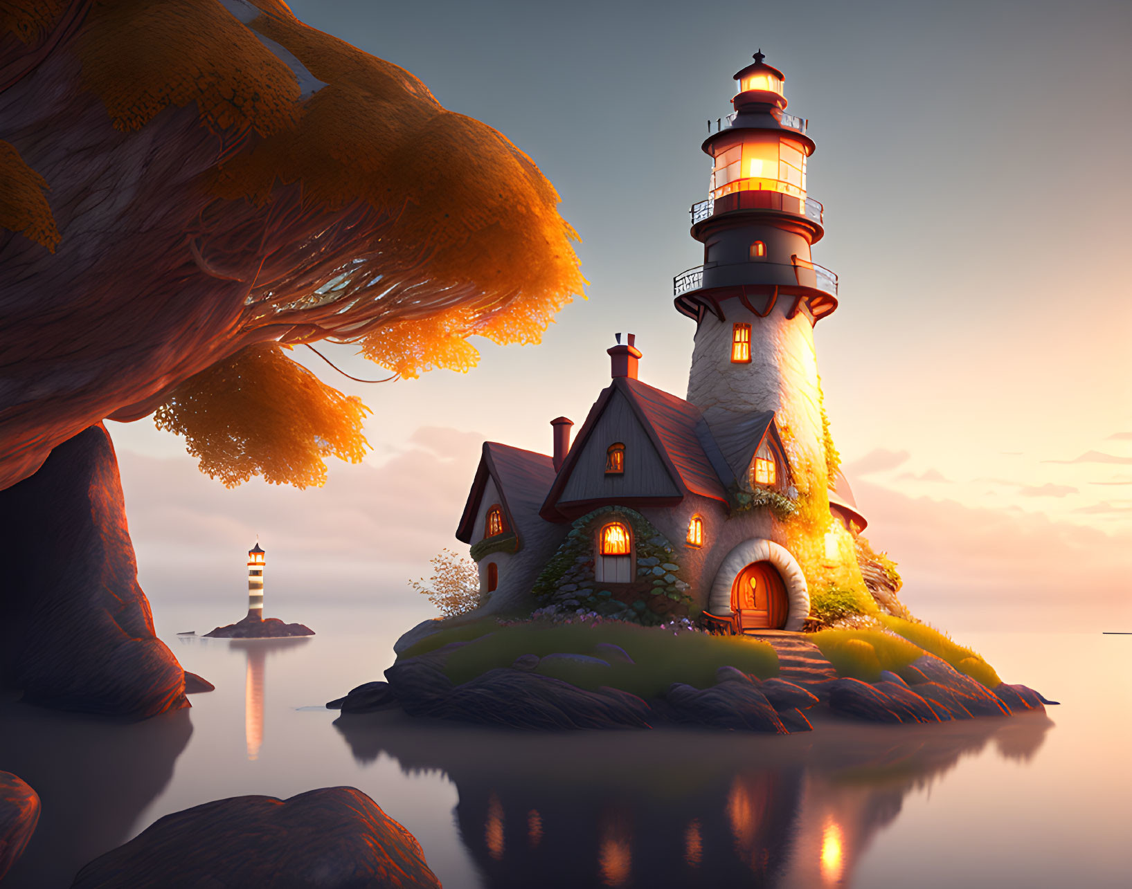 Scenic sunset view of lighthouse on small island surrounded by water