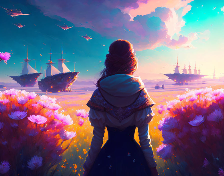 Woman admires surreal landscape with floating ships and flower-covered ground at sunset