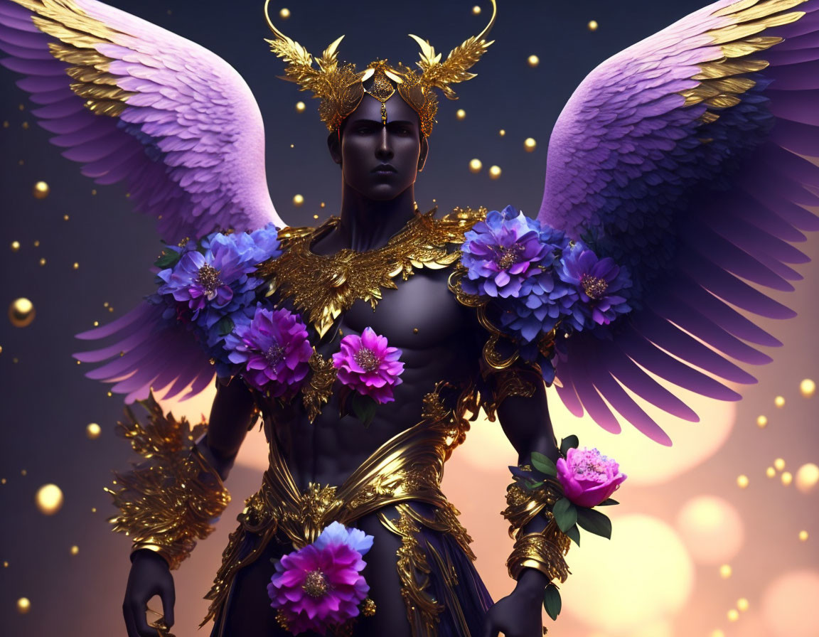 Majestic winged figure in gold armor with purple flowers on shimmering backdrop