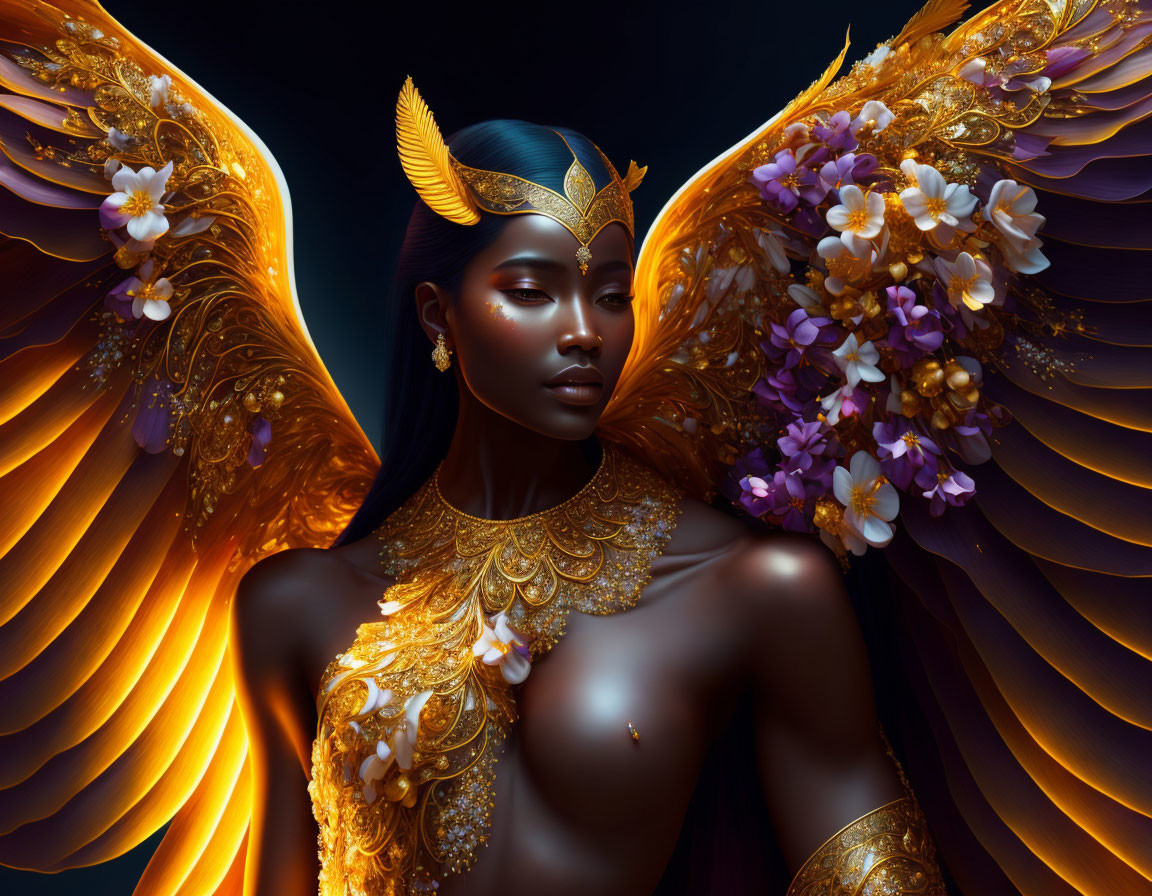 Digital artwork of a woman with golden wings and ornate headdress on dark background.
