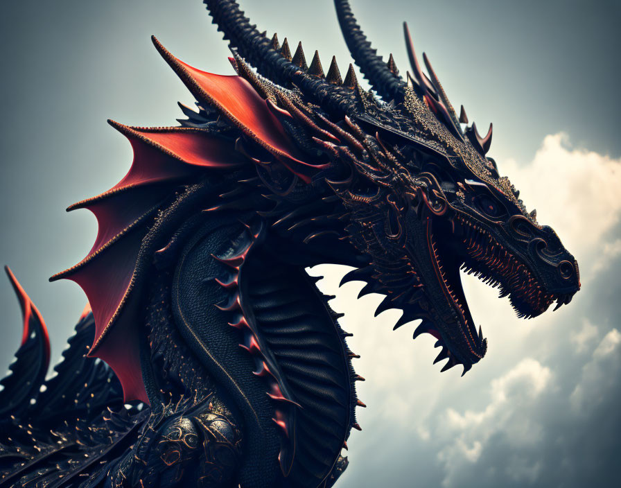 Detailed Dragon Sculpture with Red and Black Scales on Cloudy Sky