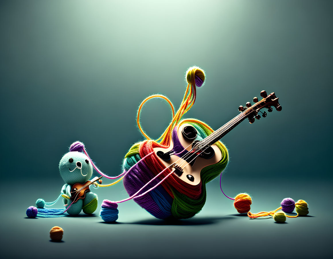 Vibrant anthropomorphic spool of thread playing guitar with yarn characters