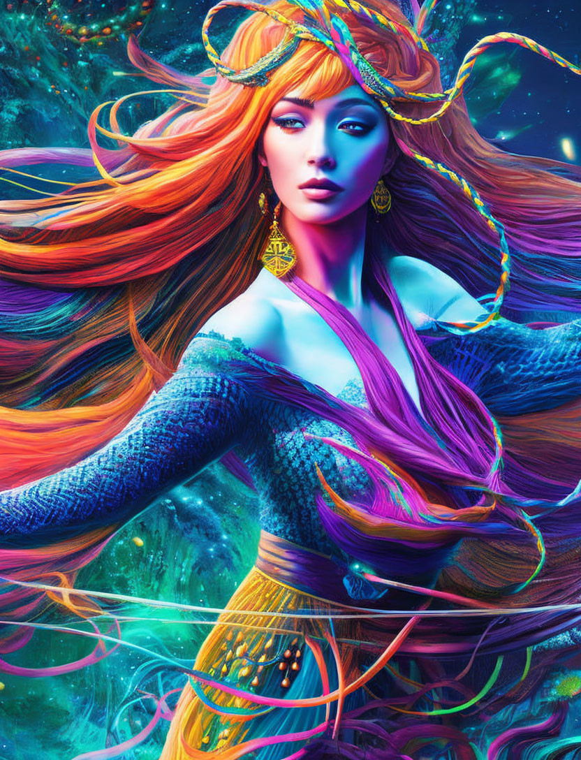 Colorful digital artwork of a woman with multicolored hair and cosmic background.
