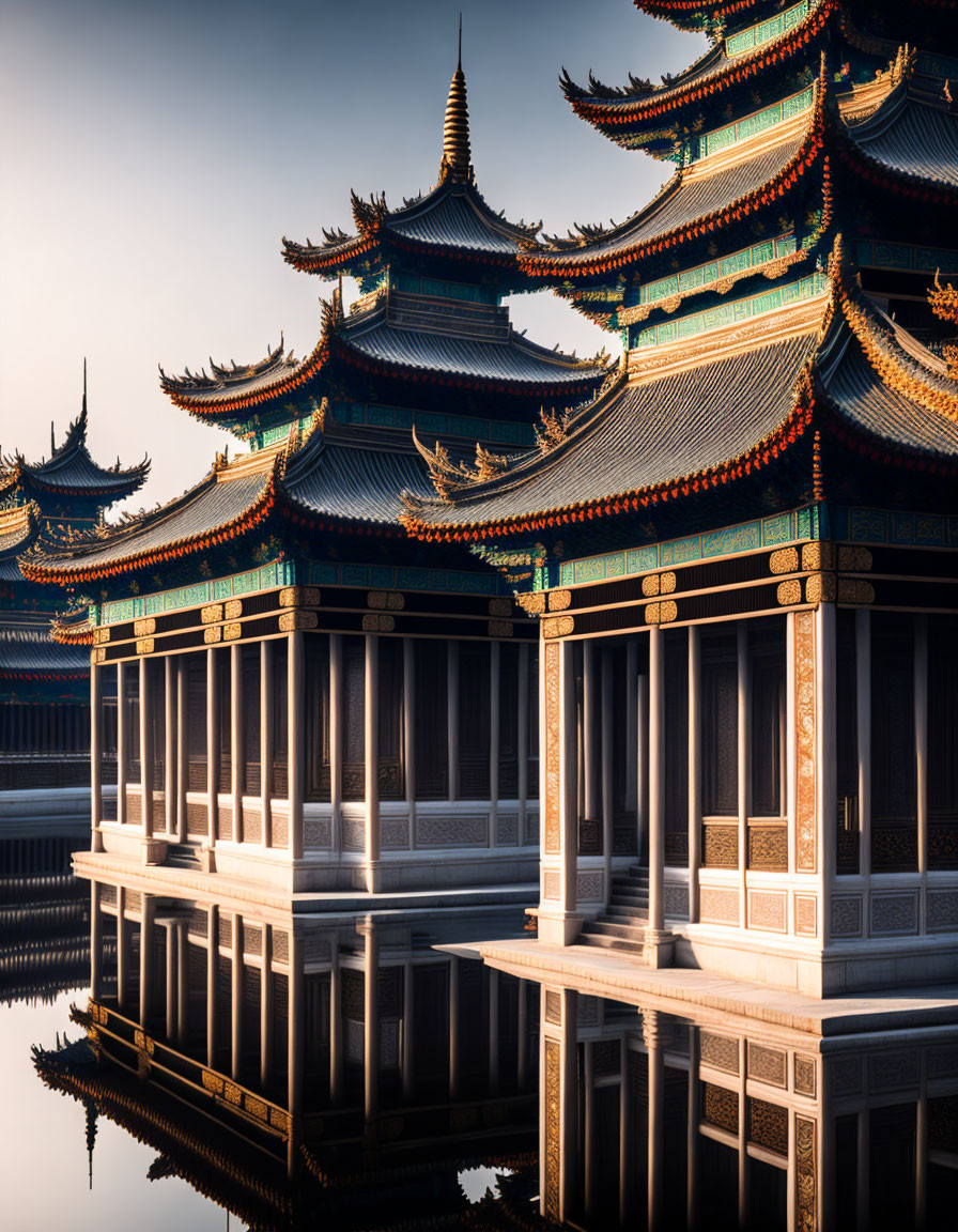 Asian Architecture: Tiered Pagoda Roofs Reflecting in Calm Water at Sunrise/Sunset