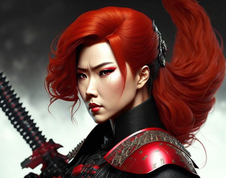 Vibrant red-haired woman in detailed armor wields katana with intense gaze