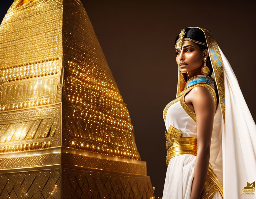 Ancient Egyptian queen styled with traditional attire in front of golden pyramid