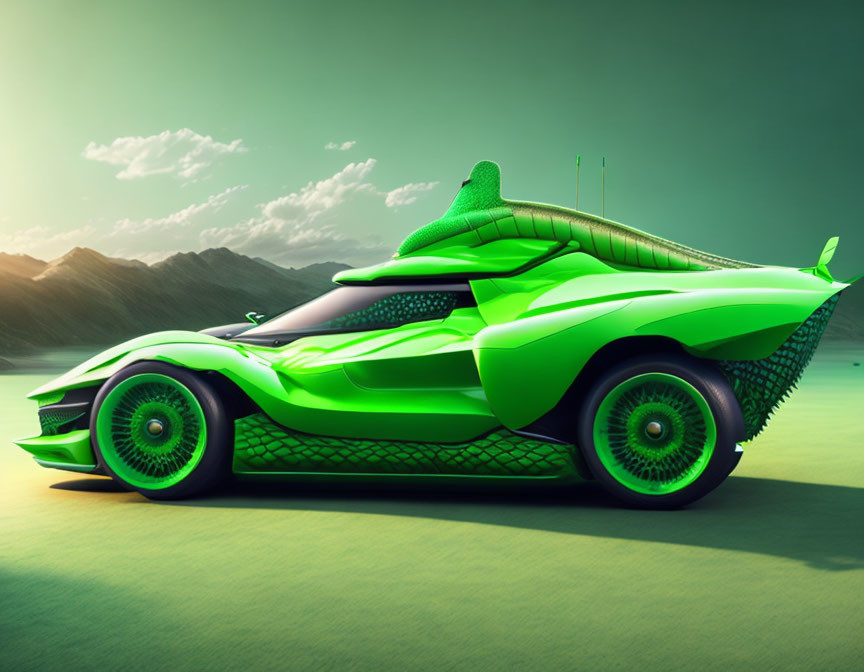 Vibrant Green Concept Car with Reptile-Inspired Design in Desert Scene