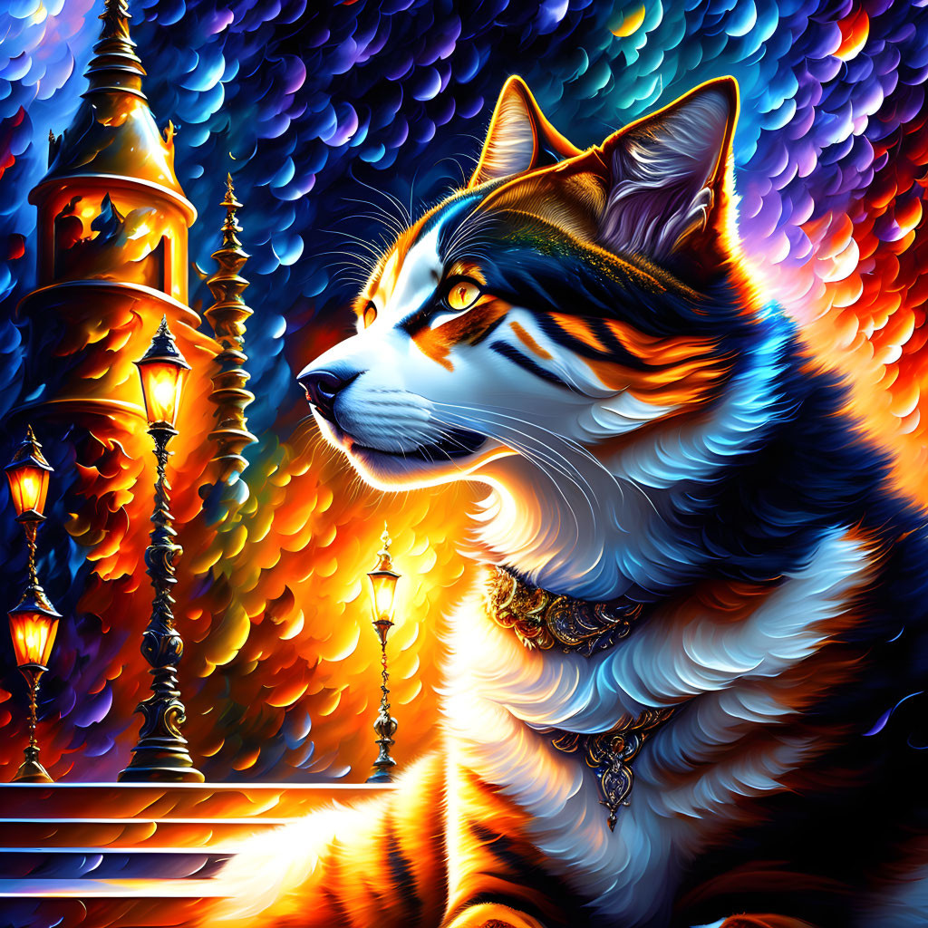 Majestic cat with castle backdrop in vibrant digital art