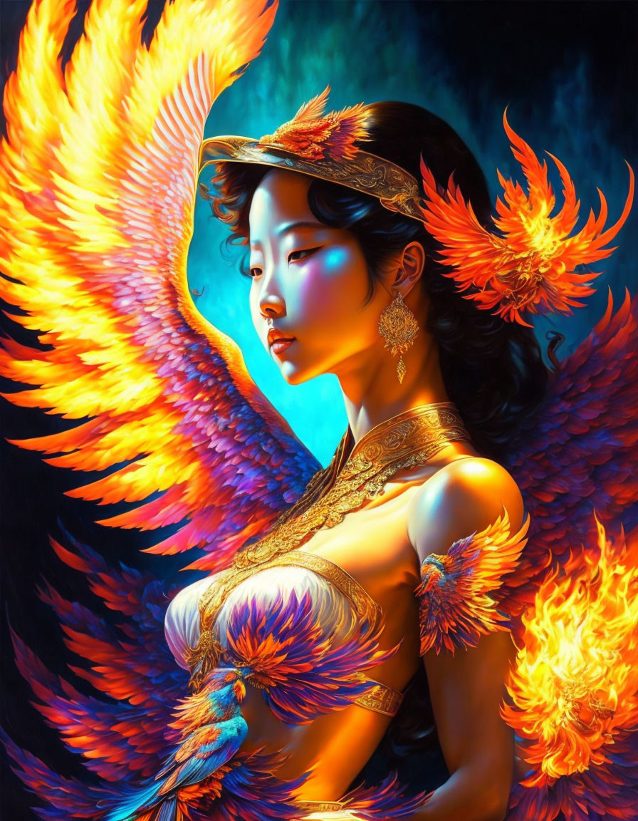 Digital artwork of ethereal woman with fiery phoenix wings and golden attire.