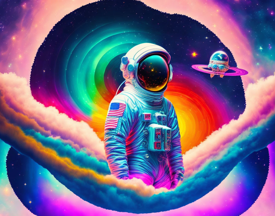Colorful Psychedelic Astronaut Illustration with Alien Spaceship in Cosmic Setting