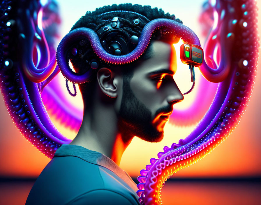 Colorful digital artwork: man with mechanical head and tentacle-like extensions on red and blue background