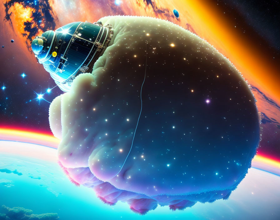 Space capsule attached to bear-shaped celestial body in cosmic scene