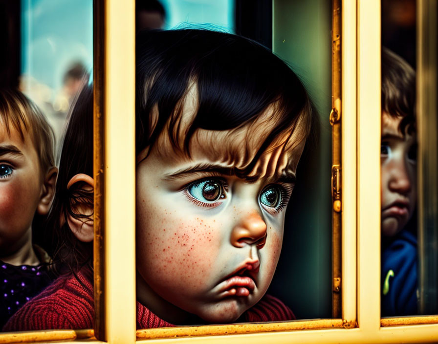 Toddler with wide eyes and rosy cheeks gazes out train window