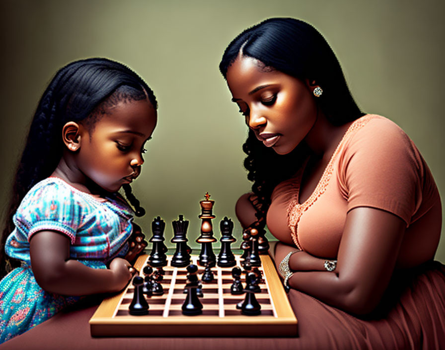 Young girl and woman deeply focused on chess game - concentration and bonding depicted.