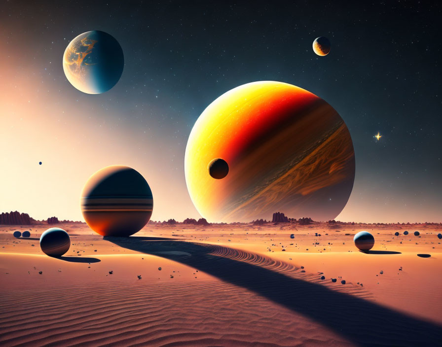 Surreal desert landscape with multiple planets and moons.