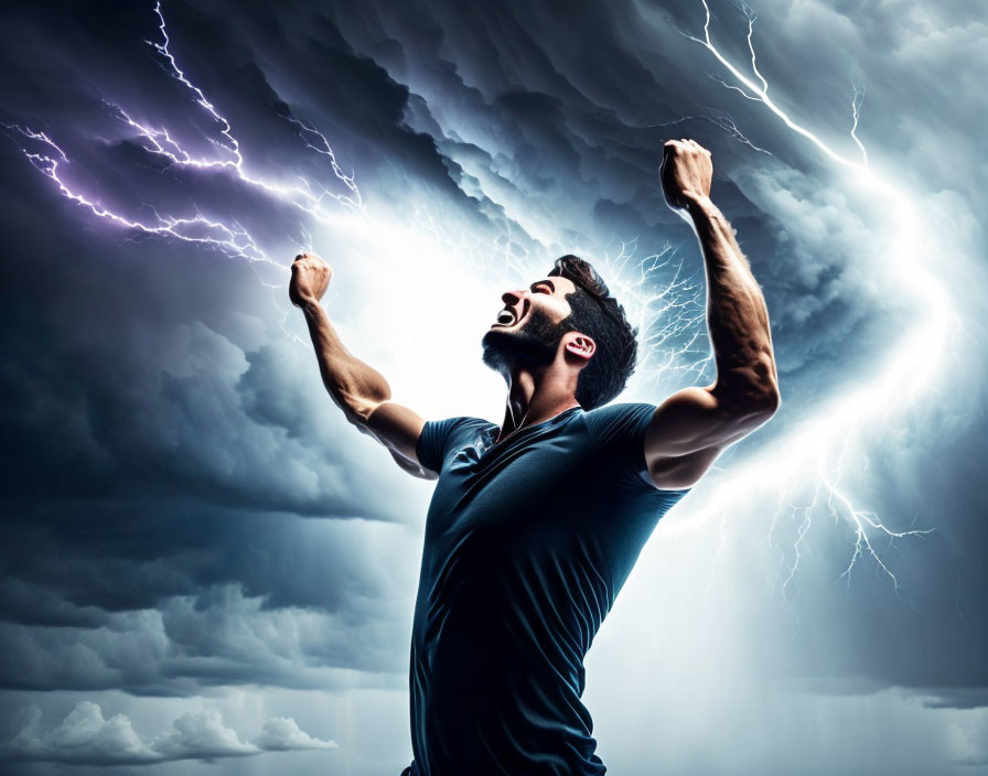 Man with raised fists against dramatic storm clouds and lightning