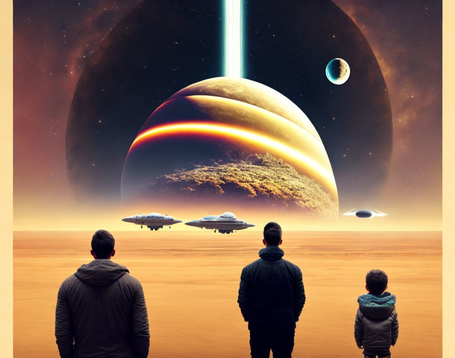 Three people observing surreal landscape with UFOs, ringed planet, moon.