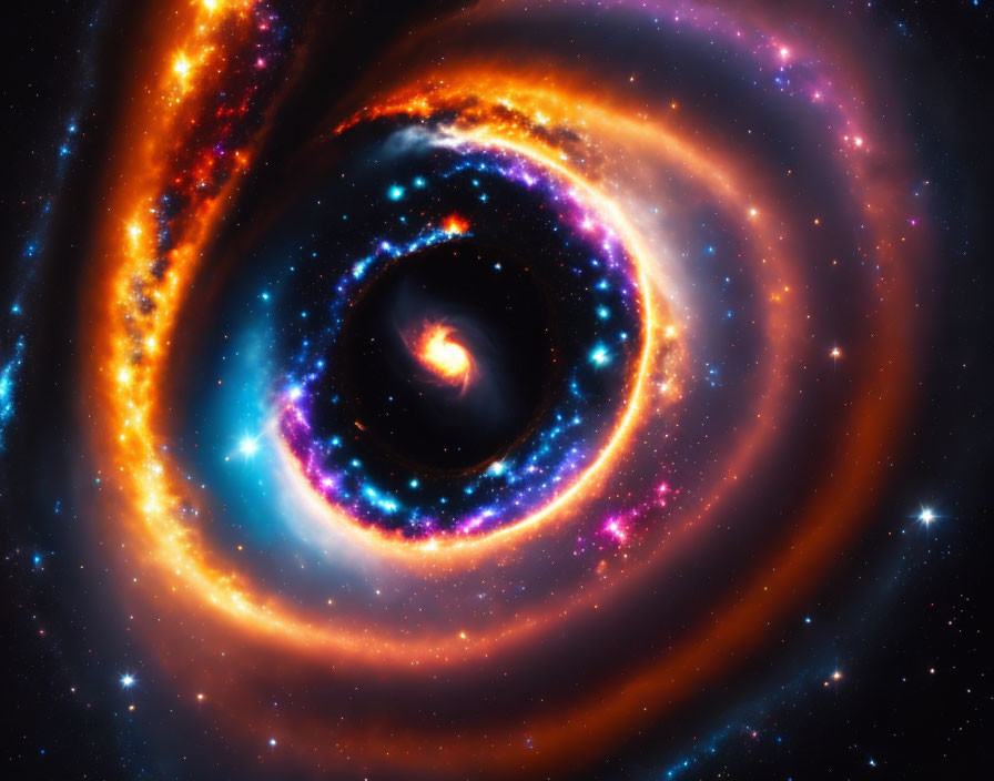 Colorful digital artwork of swirling black hole with stars in cosmic space