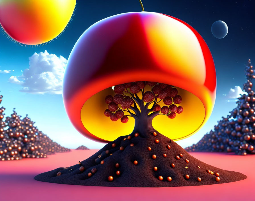 Surreal landscape with tree in bubble, pink ground, oversized celestial bodies