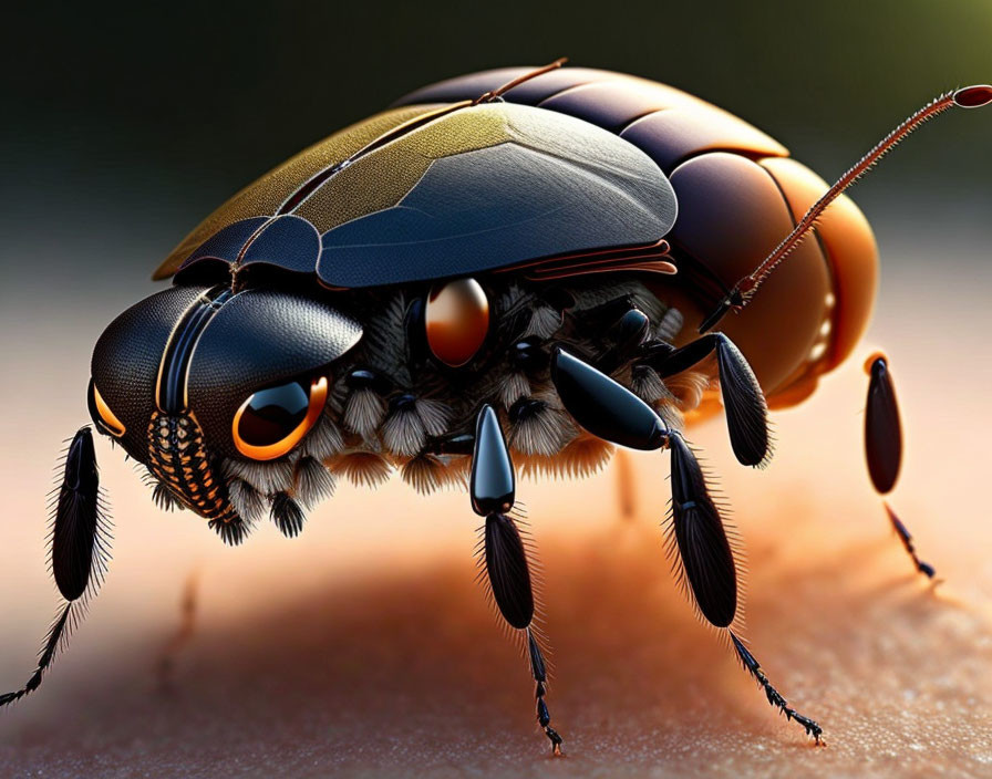 Detailed hyper-realistic 3D rendered beetle with vibrant orange eyes and intricate exoskeleton