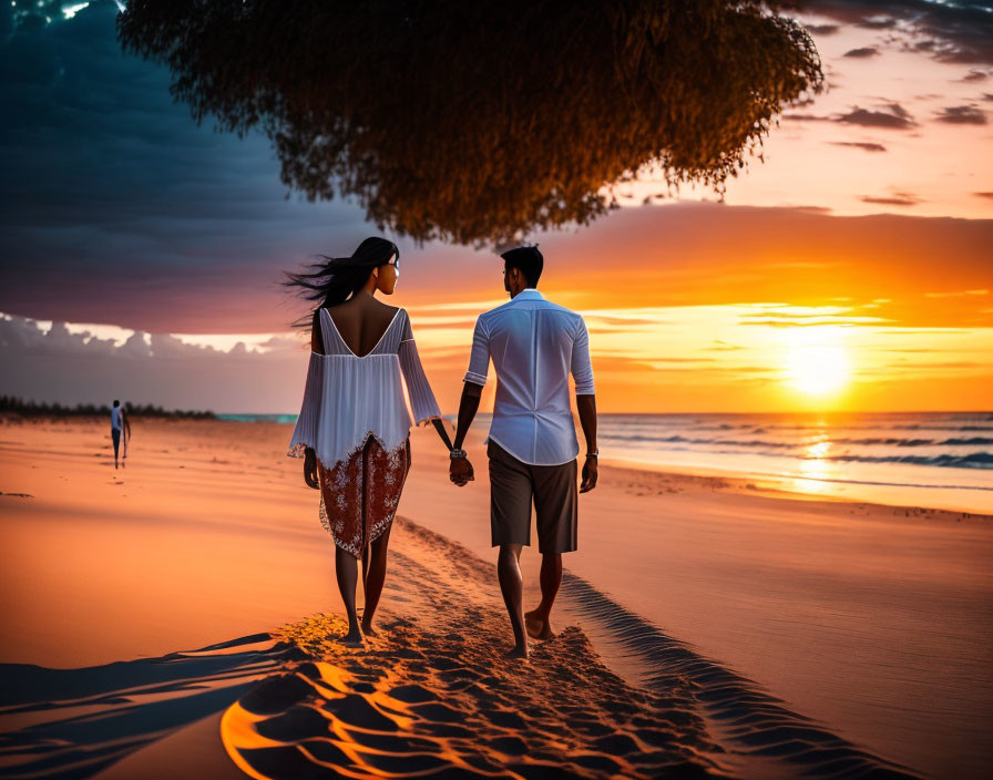 Couple walking on beach at sunset with colorful sky