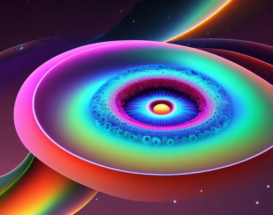 Colorful concentric circles artwork with neon colors on cosmic background