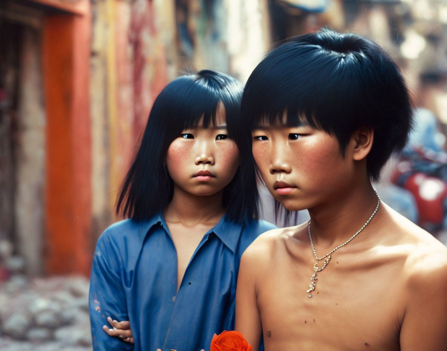 Children in alley: One shirtless with necklace, other in blue shirt holding flower