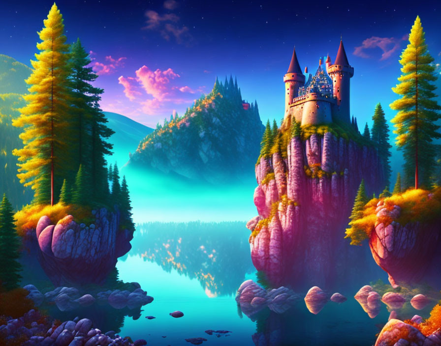Majestic fantasy castle on cliff by serene lake at twilight